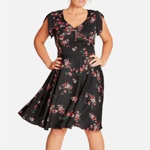 New City Chic Fit and Flare Midi Floral Print Cap Sleeve Dress M 18 black red